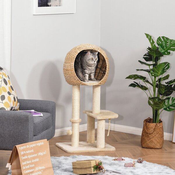 PawHut Albero Tiragraffi per Gatti fino a 5kg con Cuccia e Rivestimento in Peluche 48x40x100cm Beige