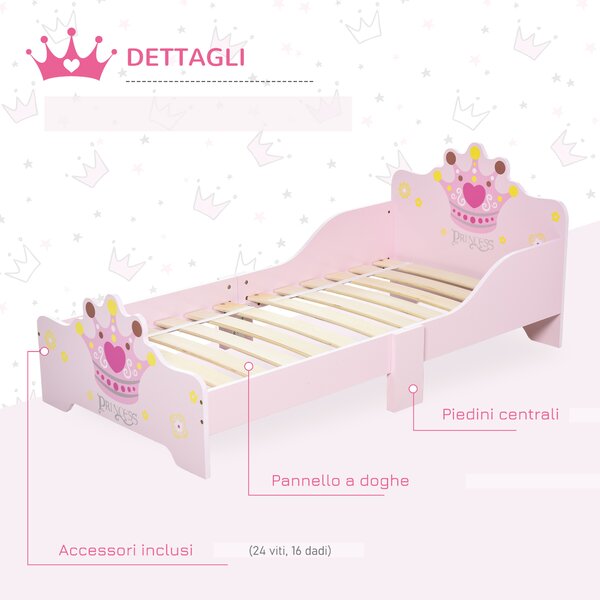 HOMCOM Letto per Bambini con Bordi Rialzati e 6 Gambe in Legno per Cameretta, Lettino per Bimbi da 3-6 Anni, 143x73x60cm, Rosa|Aosom