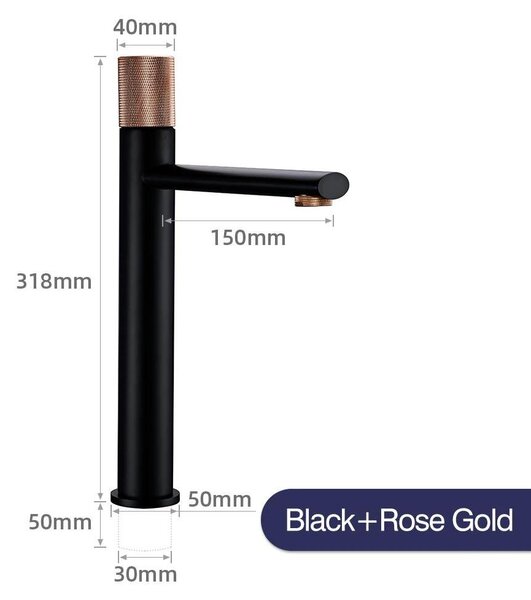 Miscelatore monocomando per bagno - Rubinetto per lavabo - Montaggio monoblocco - Adatto per acqua calda e fredda - Montaggio a incasso con attacco G3/8 - Corpo in rame spazzolato - Colore: nero/oro rosa