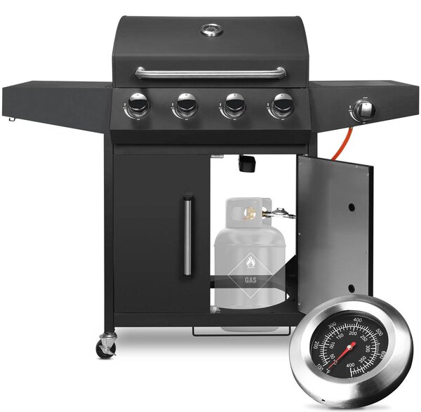 Griglia a gas per barbecue - Carrello con 4+1 bruciatore - Ampia superficie di cottura - 4 bruciatori da 2,93 kW + 1 bruciatore da 2,33 kW - Acciaio inossidabile - Colore nero