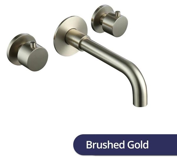 Miscelatore per lavabo da bagno, montaggio a parete, con due manopole, realizzato in ottone massiccio senza piombo, per acqua calda e fredda, con bocchetta di 21 cm, finitura dorata spazzolata