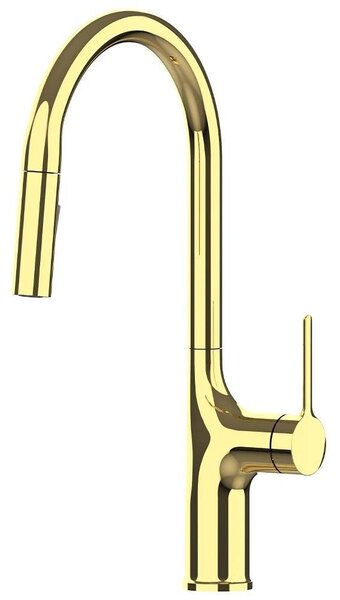 Miscelatore da cucina V62 - Miscelatore estraibile per lavello - Miscelatore monocomando - Acqua calda e fredda - Montaggio monoblocco - Bocchetta girevole - Ottone - Finitura dorata lucida