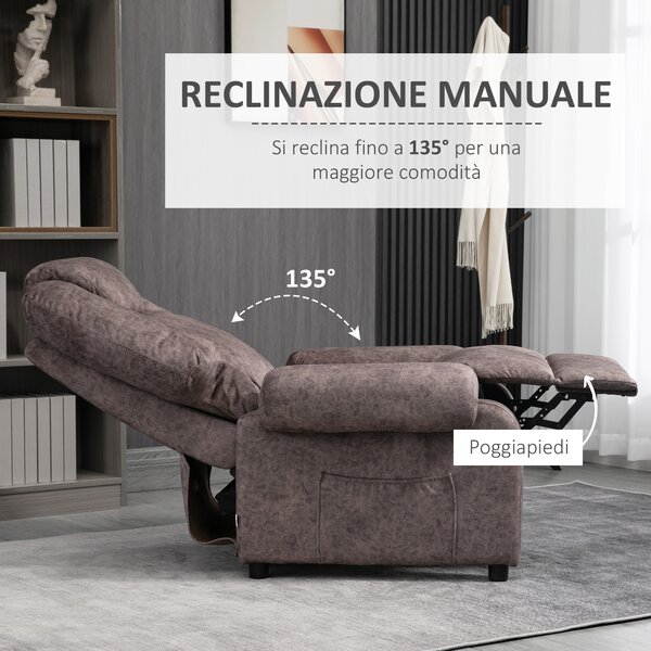 HOMCOM Poltrona Reclinabile Manualmente si reclina a 135° con il poggiapiedi, tasche laterali e Imbottitura, Marrone| Aosom Italy