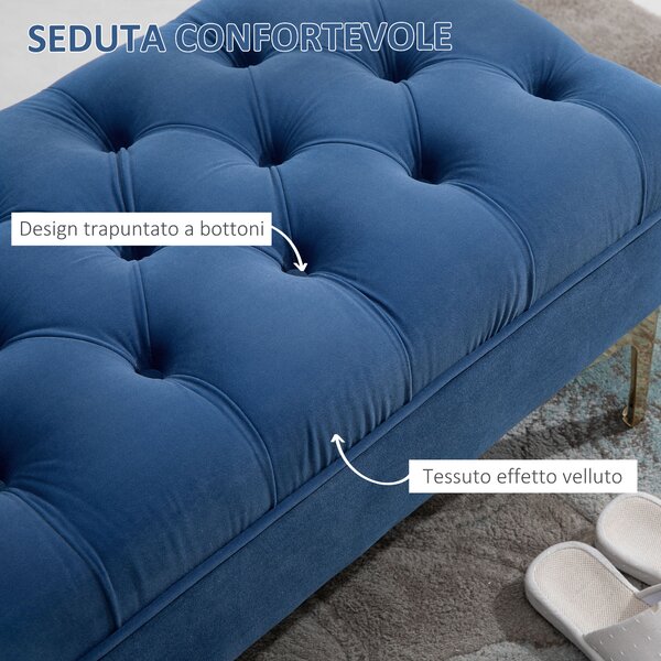 HOMCOM Panca Imbottita Fondoletto in Tessuto Vellutato, Panca per Camera da Letto e Ingresso con Decorazione a Trapunta, Piedini in Metallo, Blu|Aosom