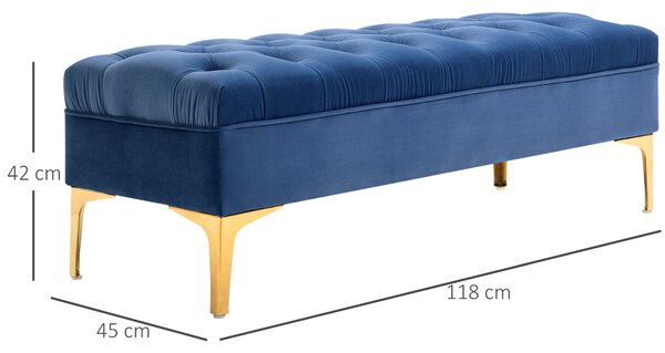 HOMCOM Panca Imbottita Fondoletto in Tessuto Vellutato, Panca per Camera da Letto e Ingresso con Decorazione a Trapunta, Piedini in Metallo, Blu|Aosom