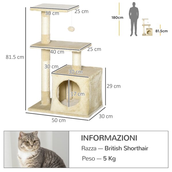PawHut Albero Tiragraffi per Gatti con Cuccia, Pallina e Pali in Corda Sisal, in Peluche Beige, 49x30x81.5cm