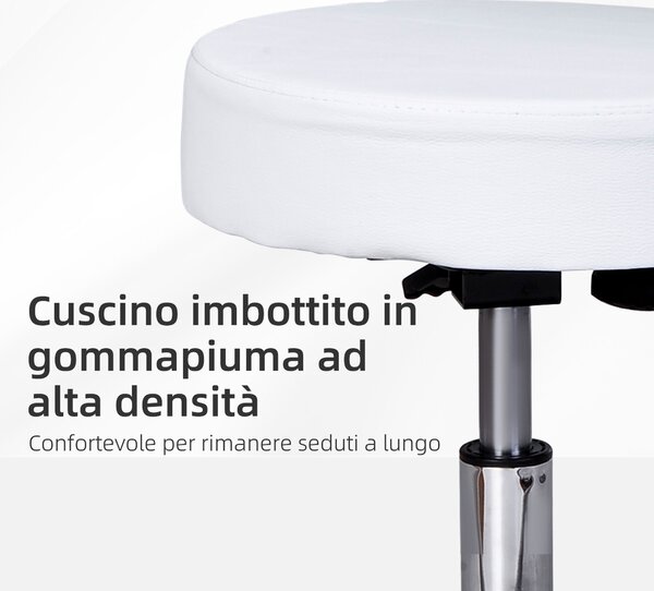 HOMCOM Sgabello Girevole con Schienale, Altezza Regolabile e 5 Ruote in Similpelle Bianca per Casa o Negozio|Aosom