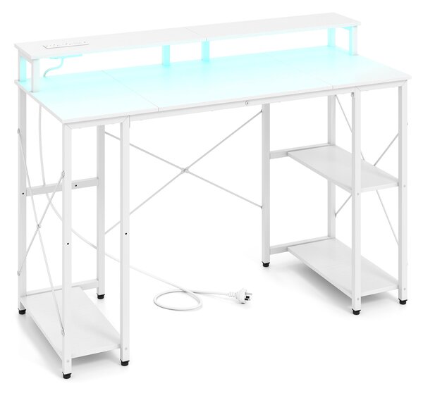 Costway Scrivania per computer con stazione di ricarica e luci mensola ripiani reversibili, Tavolo pc per studio e gaming in legno e acciaio Bianco