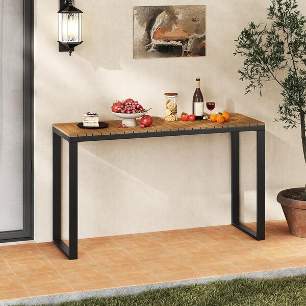 Costway Tavolo consolle da esterno rectangolare e panca da esterno in metallo, Tavolo laterale da patio e panca per 2 persone con seduta a listelli