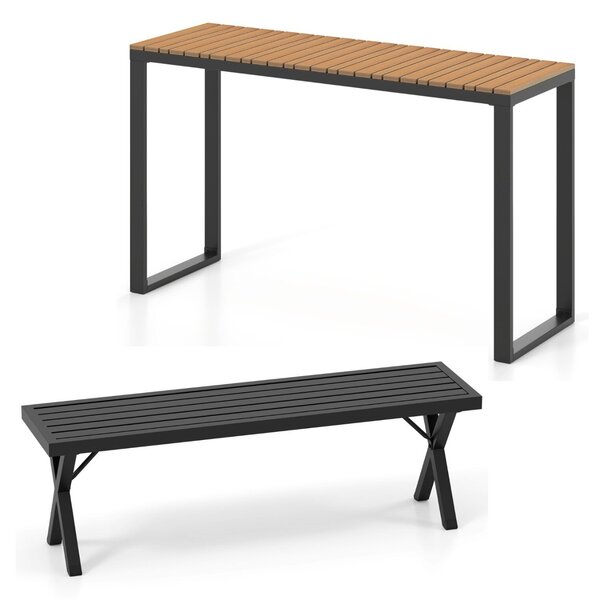Costway Tavolo consolle da esterno rectangolare e panca da esterno in metallo, Tavolo laterale da patio e panca per 2 persone con seduta a listelli