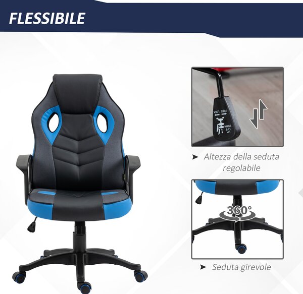 Vinsetto Sedia Gaming Ergonomica, Poltrona da Ufficio Girevole con Rotelle in Pelle PU Nera e Blu, Altezza Regolabile