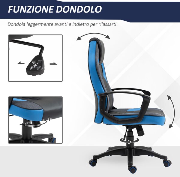 Vinsetto Sedia Gaming Ergonomica, Poltrona da Ufficio Girevole con Rotelle in Pelle PU Nera e Blu, Altezza Regolabile