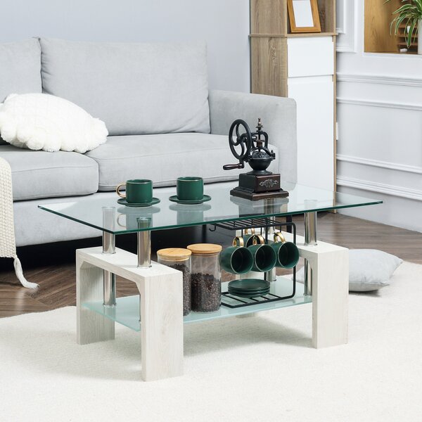 HOMCOM Tavolino da Caffè Moderno a 2 Livelli in Vetro e Legno, 90x50x42cm, Bianco|Aosom
