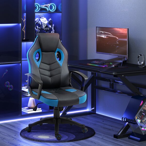 Vinsetto Sedia Gaming Ergonomica, Poltrona da Ufficio Girevole con Rotelle in Pelle PU Nera e Blu, Altezza Regolabile