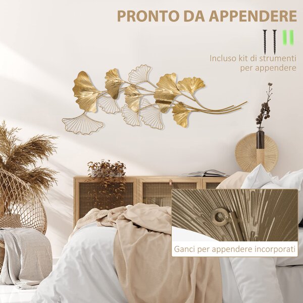 HOMCOM Decorazione Murale 3D in Metallo, Wall Art Dorata con Foglie di Ginkgo 138x70cm|Aosom