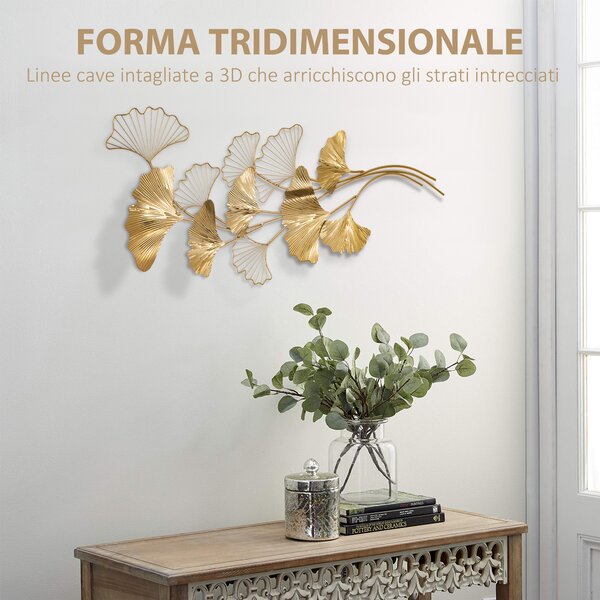 HOMCOM Decorazione Murale 3D in Metallo, Wall Art Dorata con Foglie di Ginkgo 138x70cm|Aosom