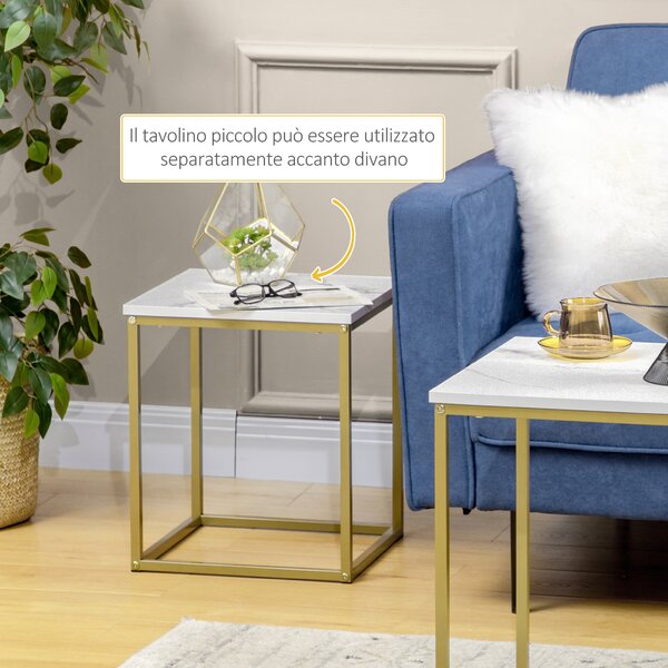 HOMCOM Tavolino da Salotto Set 2 Pz Impilabile con Piano Effetto Marmo in Truciolato e Struttura in Acciaio, 45x45x50 cm e 37x37x43 cm, Bianco e Oro