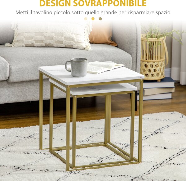 HOMCOM Tavolino da Salotto Set 2 Pz Impilabile con Piano Effetto Marmo in Truciolato e Struttura in Acciaio, 45x45x50 cm e 37x37x43 cm, Bianco e Oro