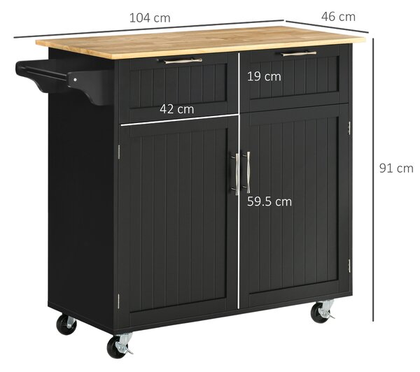 HOMCOM Carrello da Cucina Multiuso in Legno con 2 Cassetti, Armadietto e 4 Ruote, 104x46x91cm, Nero|Aosom