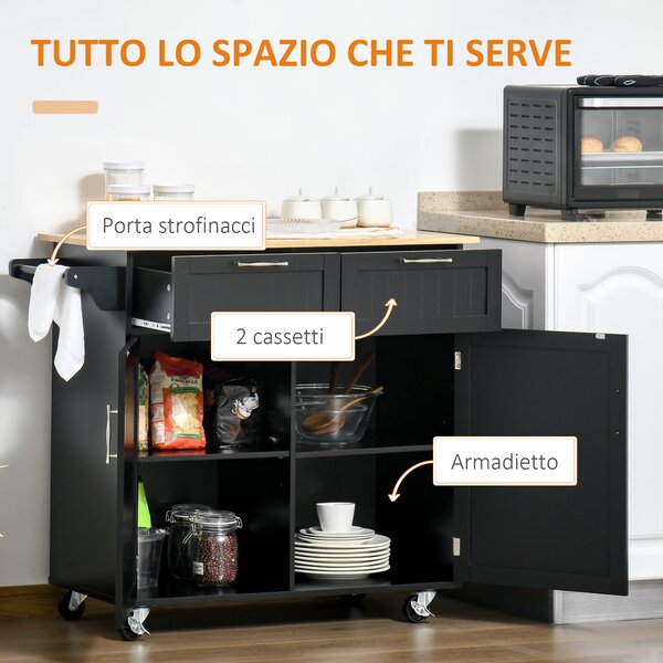 HOMCOM Carrello da Cucina Multiuso in Legno con 2 Cassetti, Armadietto e 4 Ruote, 104x46x91cm, Nero|Aosom