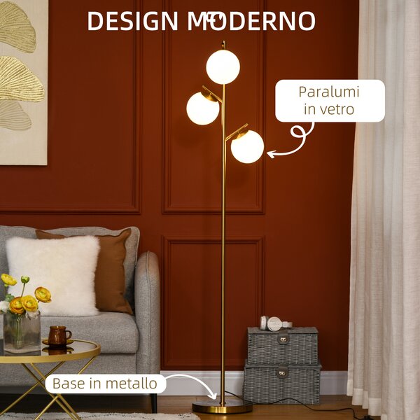 HOMCOM Lampada da Terra Moderna con 3 Punti Luce in Acciaio e Vetro, Ø27x159cm, Oro
