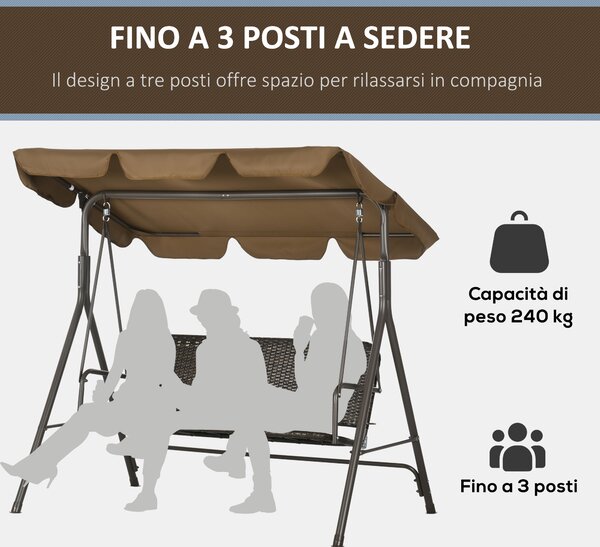 Outsunny Dondolo da Giardino 3 Posti con Tettuccio Regolabile Dondolo da Esterno in Rattan PE e Acciaio, 167x112x153cm|Aosom