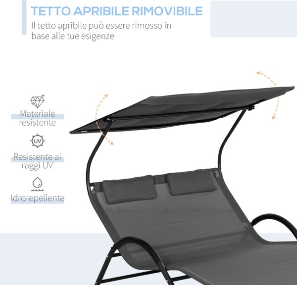 Outsunny Sdraio Giardino 2 Posti Ergonomico con Tettuccio Parasole Anti-Raggi UV, Ruote e Cuscini Poggiatesta, Lettino Prendisole Grigio | Aosom Italy