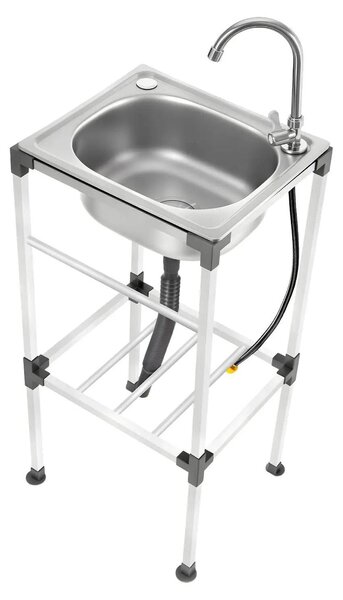Lavello in acciaio inossidabile – Monobagno autoportante – Con rubinetto – Miscelatore girevole a 360° – Lavello per uso professionale e domestico – Argento