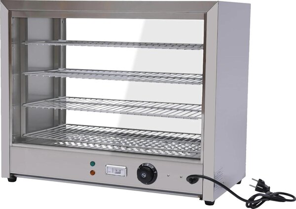 Vetrina riscaldata per alimenti - 4 ripiani - 800 W - Vetro temperato - Acciaio inox 201 - Temperatura regolabile - Argento
