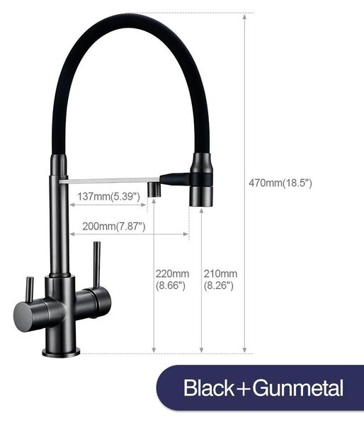 Miscelatore per lavello da cucina - Rubinetto da cucina a 3 vie - Doccetta estraibile - Rotazione a 360° - Due manopole - Acqua calda e fredda - Filtro per acqua potabile - Grigio gunmetal