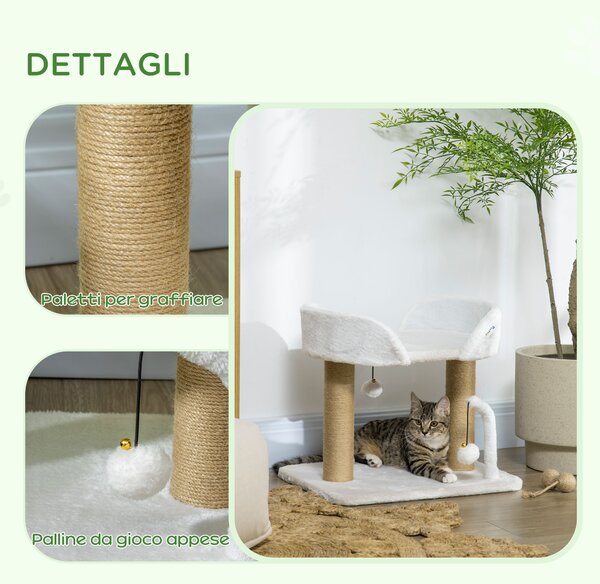 PawHut Torre per Gatti max 5kg in Truciolato con Tiragraffi e Palline Giocattolo, 48x38x42 cm, Giallo e Bianco|Aosom