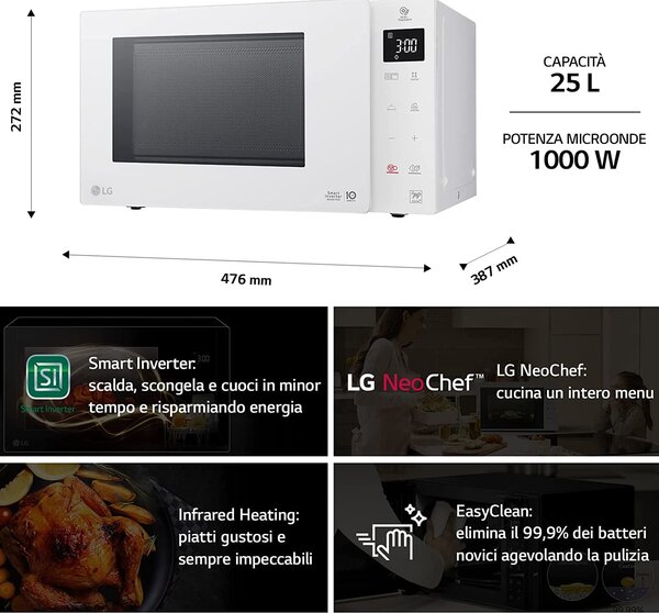 Lg Forno Microonde Combinato con Grill Capacit 25 Litri Potenza 1000 Watt colore Bianco - MH6535GDH
