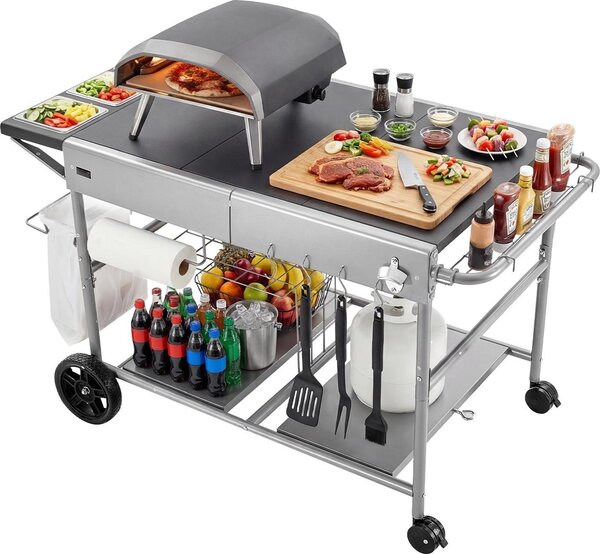 Carrello barbecue - Tavolo barbecue con ruote Carrello di servizio - Piano tavolo 92,5 x 59,5 x 2,5 cm - 4 contenitori per spezie con coperchio - Ruote - Ganci - Tavolo per la preparazione del barbecue