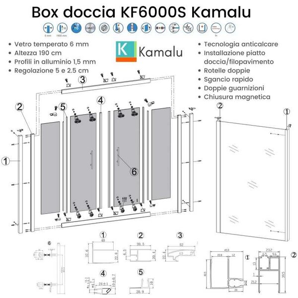 Kamalu cabina doccia 70x170 cm scorrevole vetro satinato + fisso | kf6000s
