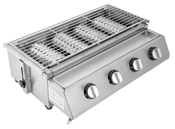 Griglia a gas - Griglia da tavolo con 4 bruciatori - Acciaio inossidabile - Gas GPL - Piastra di cottura 58 x 40 x 20 cm - Grigio chiaro