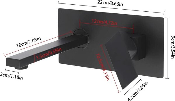 Rubinetto per lavabo da bagno - Montaggio a parete - Monocomando - Cartuccia in Vetroceramica - Corpo in metallo - Scatola da incasso inclusa - Nero