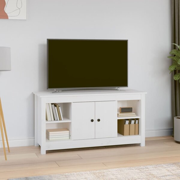 Mobile Porta TV Bianco 114x35x52 cm in Legno Massello di Pino