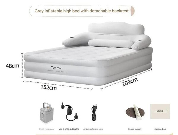Materasso gonfiabile - Pompa integrata - Gonfiaggio automatico - 152x203x48 cm - Materiale EVA - Per il campeggio e la casa - Grigio