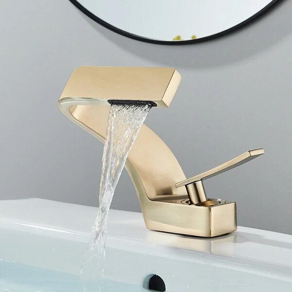 Rubinetto da bagno - Miscelatore per lavabo - Lavabo da appoggio - Monocomando - Installazione monoblocco - Acqua calda e fredda - Cartuccia in Vetroceramica - Acciaio inossidabile spazzolato - Oro