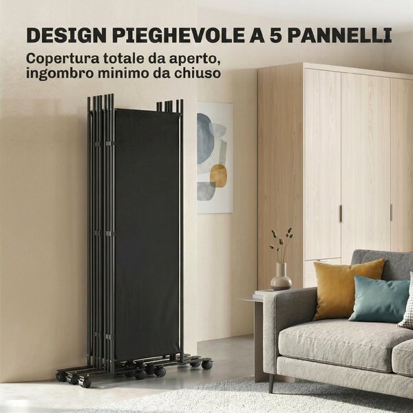 Outsunny Divisorio Decorativo da Interno a 5 Pannelli in Acciaio, con 12 Ruote e Clip di Connessione, Nero | Aosom Italy