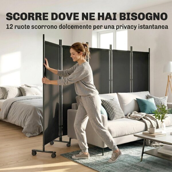 Outsunny Divisorio Decorativo da Interno a 5 Pannelli in Acciaio, con 12 Ruote e Clip di Connessione, Nero | Aosom Italy