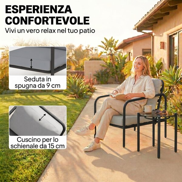 Outsunny Set da Bistrò da 3 Pezzi in Acciaio con 2 Sedie con Cuscini Spessi, Tavolino con Piano in Vetro Temperato Nero | Aosom Italy