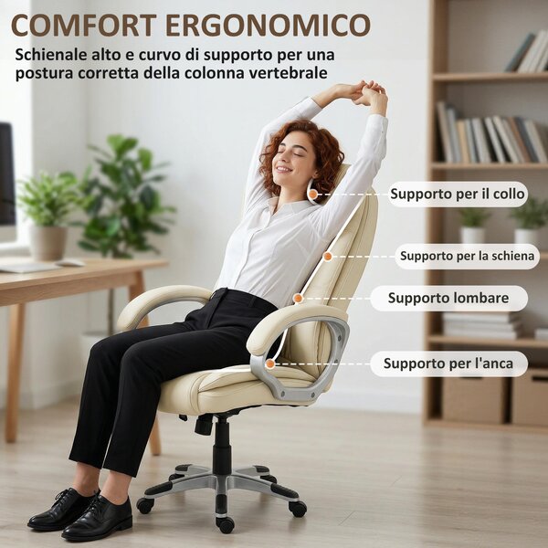 HOMCOM Sedia Ufficio Girevole in Pelle PU, Funzione Dondolo, Schienale Alto, Altezza Regolabile, Capacità 120kg, Nero | Aosom Italy