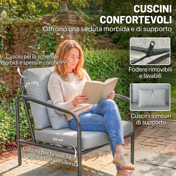 Outsunny Set Salotto da Giardino 4 Pezzi in Acciaio con Divano 2 Posti, 2 Poltrone, Tavolino, Cuscini, Grigio Chiaro | Aosom Italy