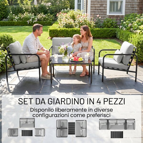 Outsunny Set Salotto da Giardino 4 Pezzi in Acciaio con Divano 2 Posti, 2 Poltrone, Tavolino, Cuscini, Grigio Chiaro | Aosom Italy