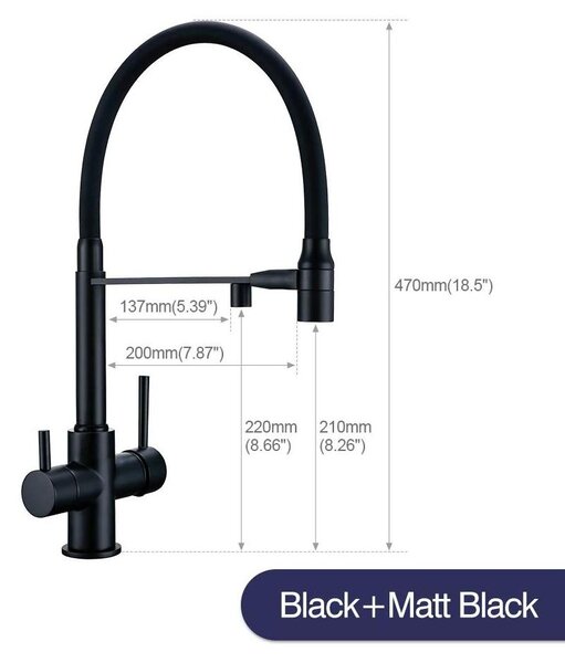 Rubinetto da cucina con filtro per l'acqua - Miscelatore a 3 vie per acqua potabile - Doccetta estraibile - Bocchetta girevole a 360° - Due manopole - Installazione su foro singolo - Ottone con cartuccia in Vetroceramica - Finitura nera opaca