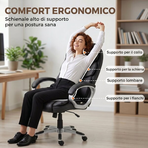 HOMCOM Sedia Ufficio Ergonomica Girevole in Pelle PU, Funzione Dondolo, Altezza Regolabile, Capacità 120kg, Nero | Aosom Italy