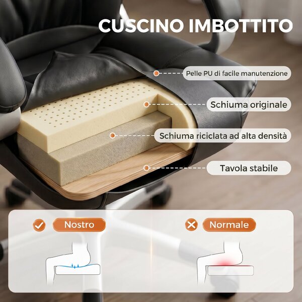 HOMCOM Sedia Ufficio Ergonomica Girevole in Pelle PU, Funzione Dondolo, Altezza Regolabile, Capacità 120kg, Nero | Aosom Italy