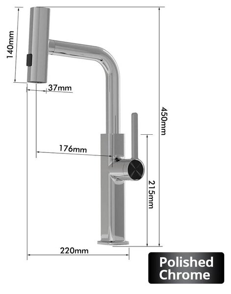 Miscelatore per lavello da cucina, monocomando con doccetta estraibile, installazione monoblocco, acqua calda e fredda, corpo in ottone, finitura cromata lucida