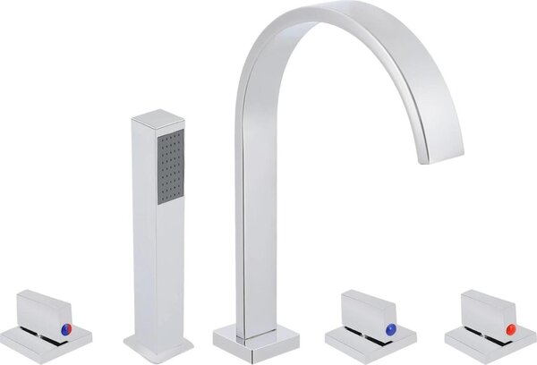 Miscelatore per vasca da bagno - Miscelatore per bordo vasca con 5 fori - Rubinetto con erogatore a cascata - Doccetta manuale - Ottone - Cromo